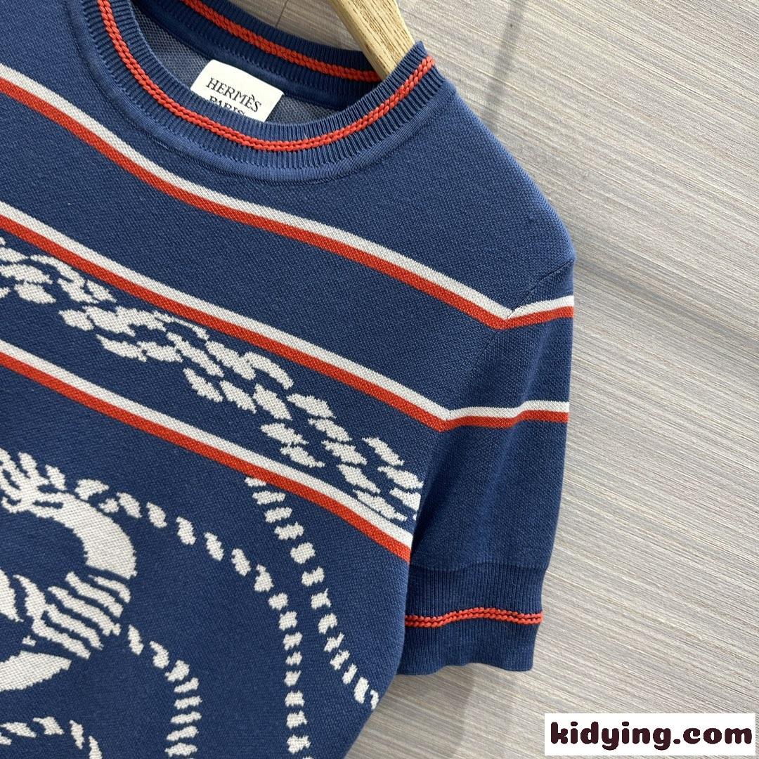 1枚でオシャレ シェーヌダンクルモチーフ 半袖ニット エルメス Tシャツ コピー エレガント-1