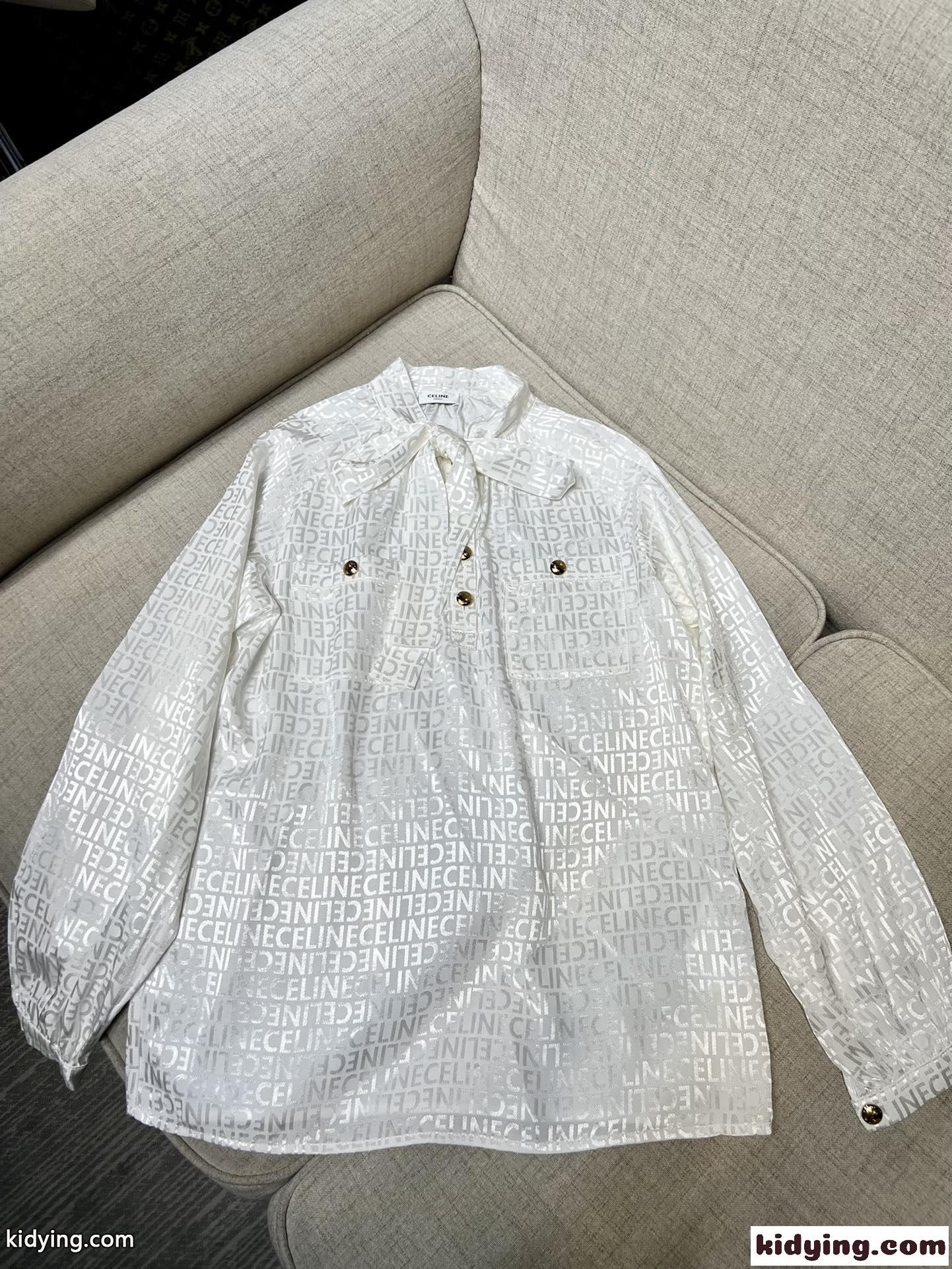 上品 ロゴ入り フェミニン 通勤 おしゃれ セリーヌ シャツ コピー 長袖 ボウタイ ブラウス-2