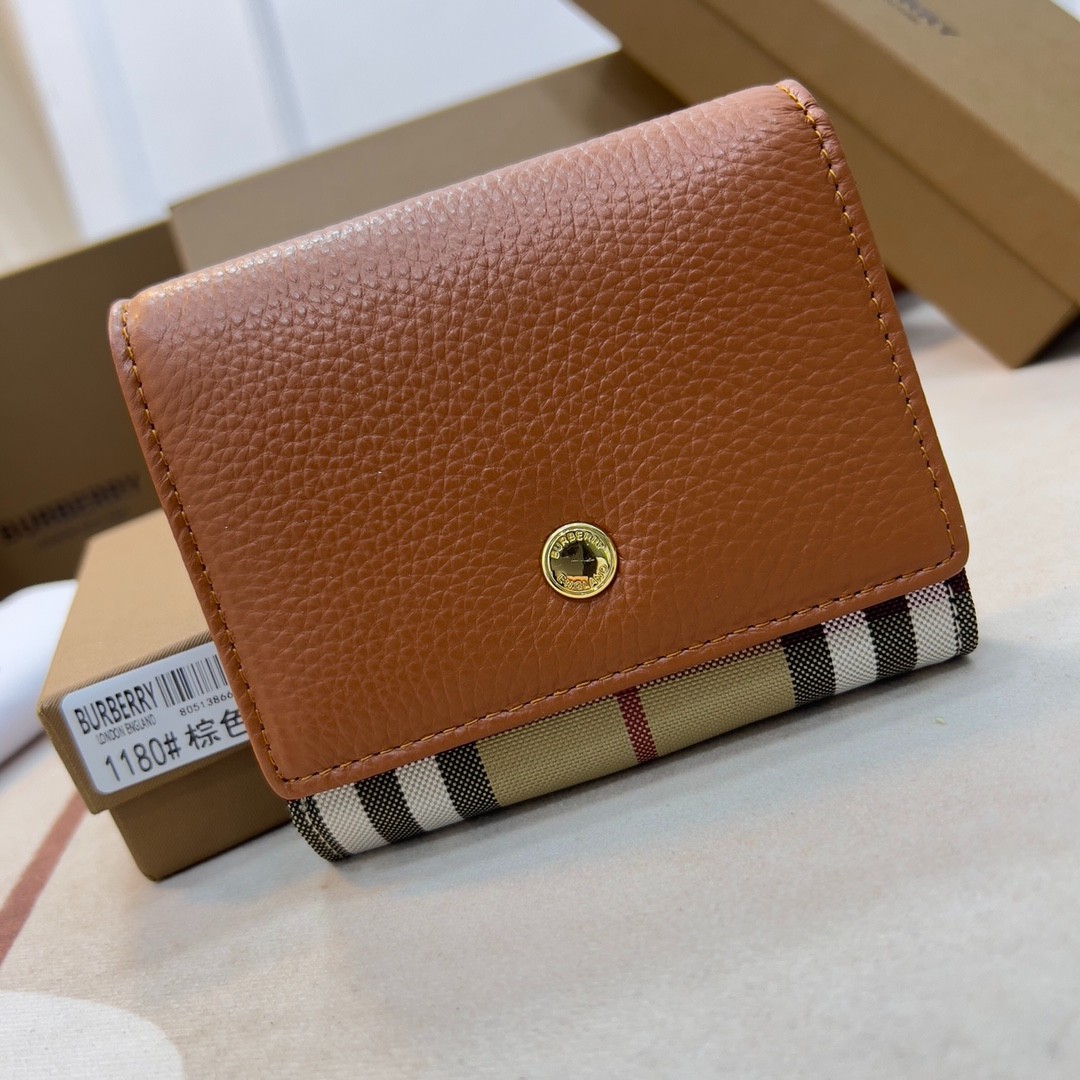 バーバリー 財布 コピー 人気 チェック＆レザー コンパクト財布 ブラウン-0