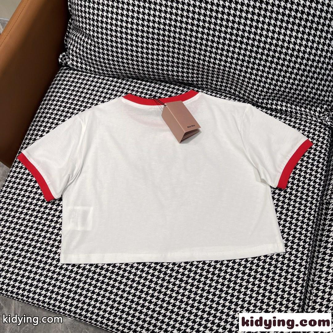 カジュアル おしゃれ プリント コットン 半袖Tシャツ ミュウミュウ Tシャツ コピー クロップド丈-2