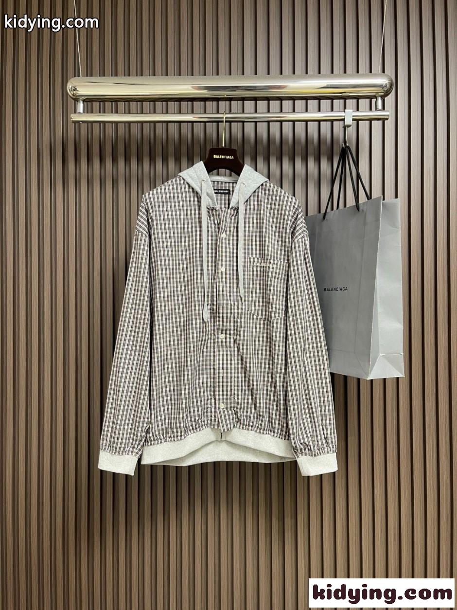 スタイリッシュ チェック柄 レイヤード風 フード付きシャツ バレンシアガ シャツ 偽物-0