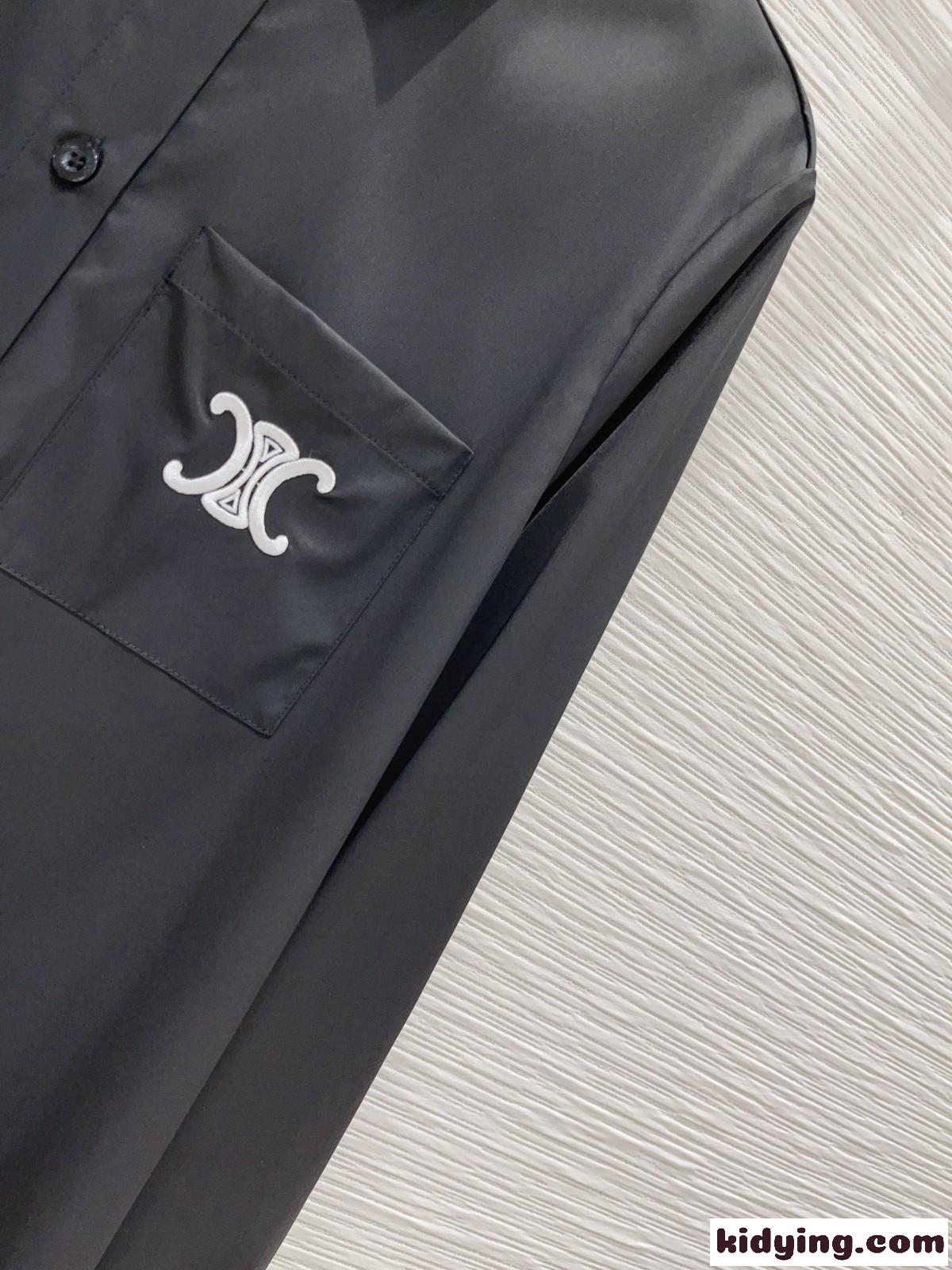 シンプル トリオンフ 刺繍 ロゴ ロングスリーブシャツ セリーヌ シャツ コピー ブラック-2