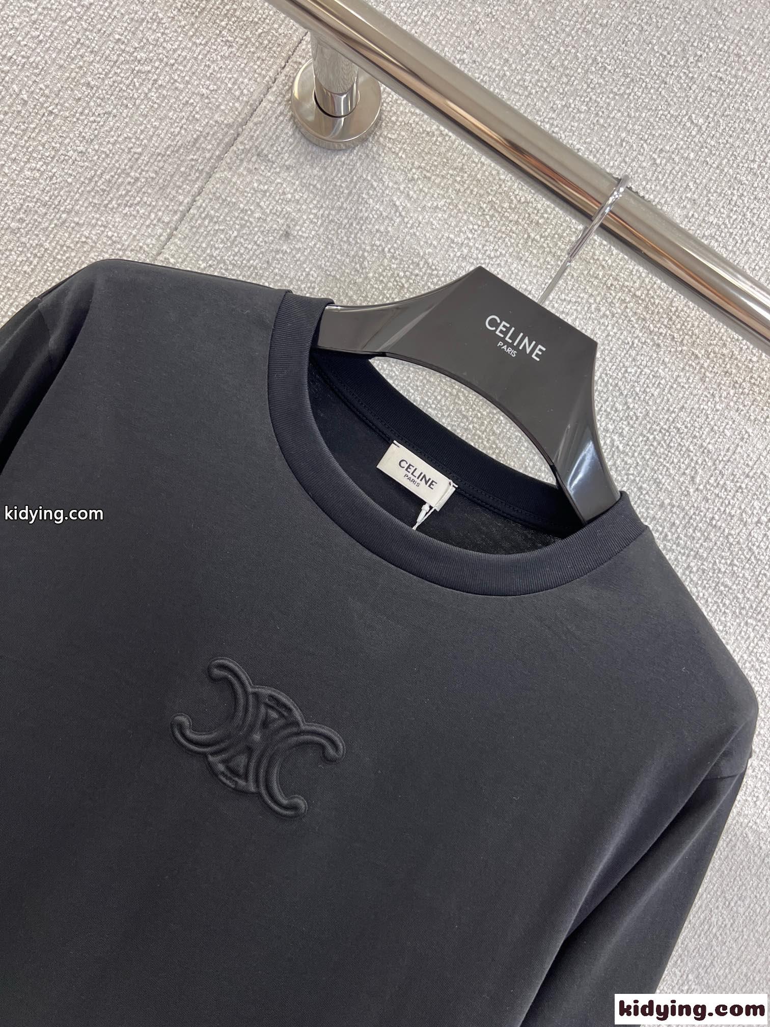 シンプル コットン 長袖Tシャツ セリーヌ Tシャツ コピー クルーネック ブラック-2