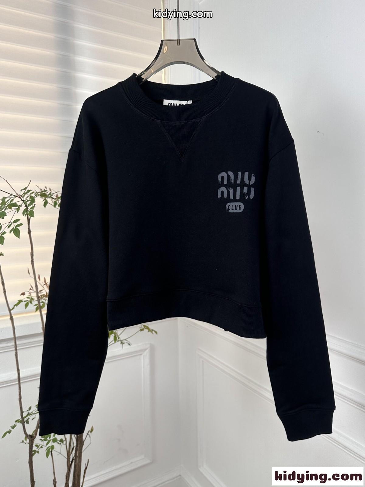 コットン クルーネック スウェットシャツ ミュウミュウ Tシャツ コピー ブラック-0