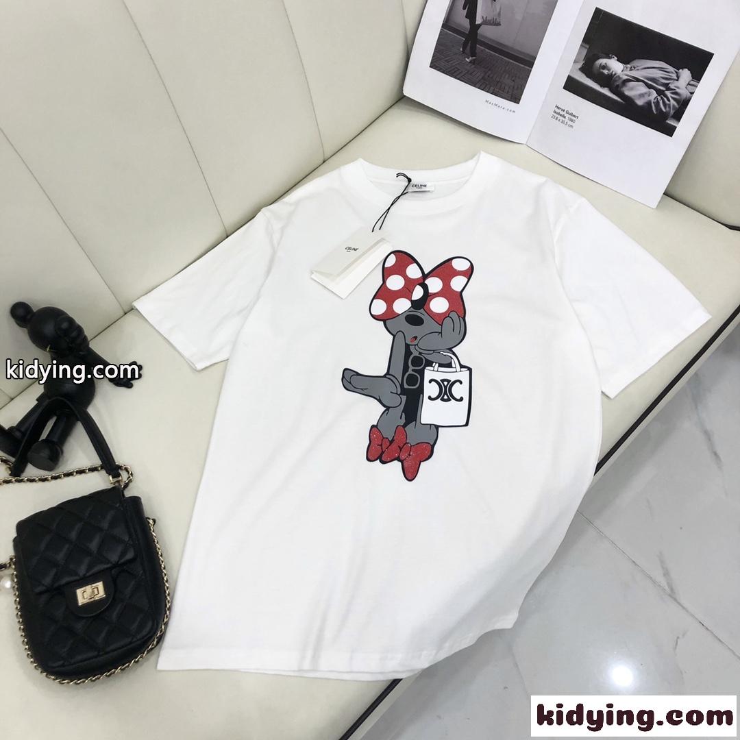 可愛い プリント 人気 定番 クルーネック セリーヌ tシャツ コピー 半袖 春夏 カジュアル きれいめ ホワイト ブラック-1
