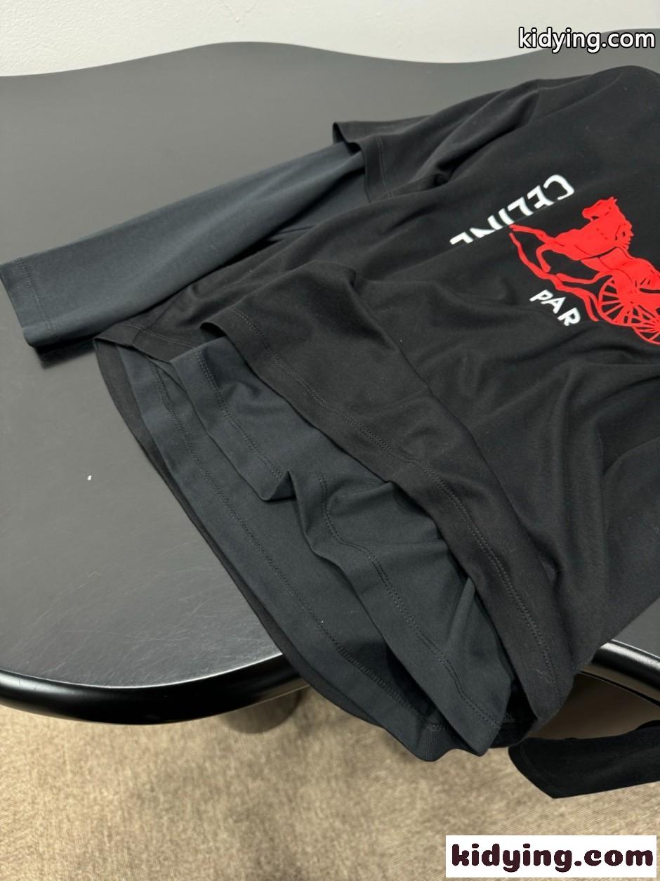 ロゴプリント フェイクレイヤード 長袖Tシャツ セリーヌ Tシャツ 偽物 ブラック-3