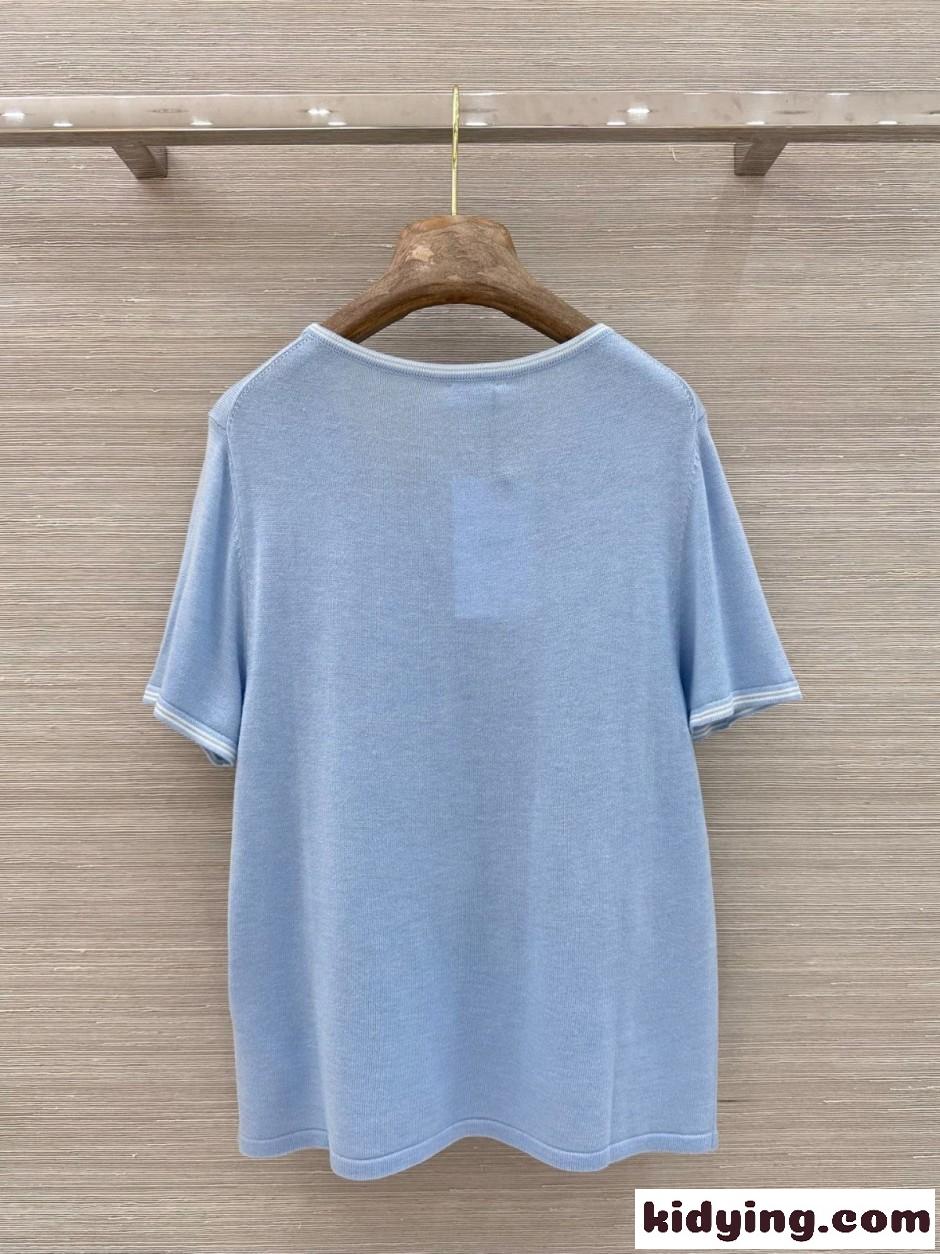 トリオンフ刺繍 クルーネックニットTシャツ セリーヌ Tシャツ 偽物 ブルー-3