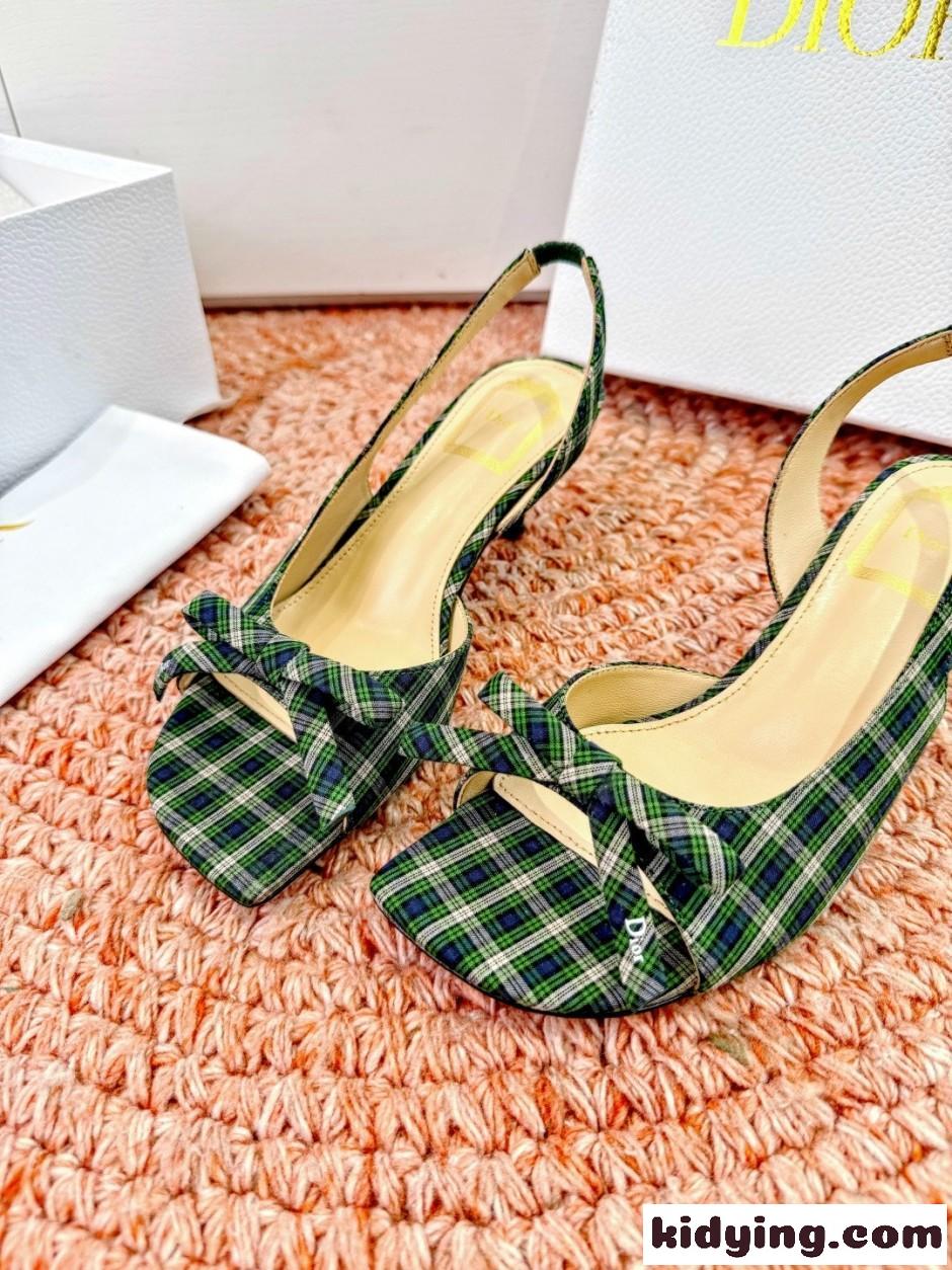 クリスチャン・ディオール コピー チェック柄 Dior Bow ヒール スリングバックサンダル-1