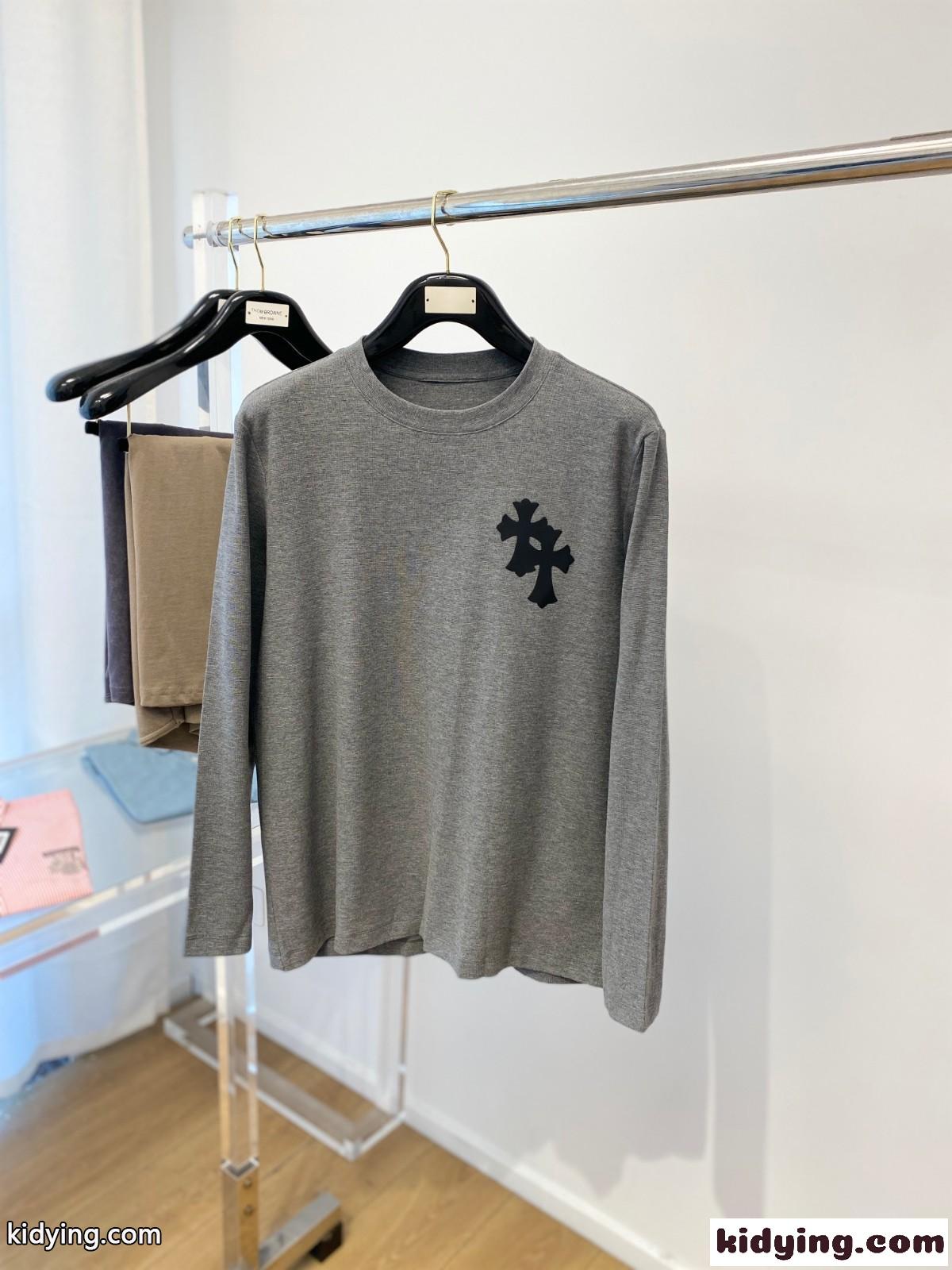 シンプル クロスロゴ クルーネック クロムハーツ Tシャツ コピー 長袖Tシャツ グレー-0