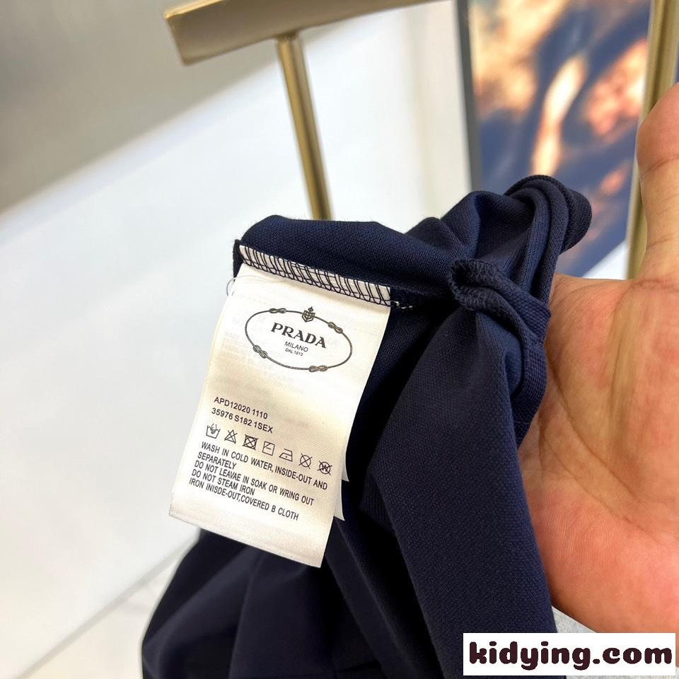 トライアングルロゴ付 コットンピケ ポロシャツ プラダ 半袖Tシャツ コピー ネイビー-3
