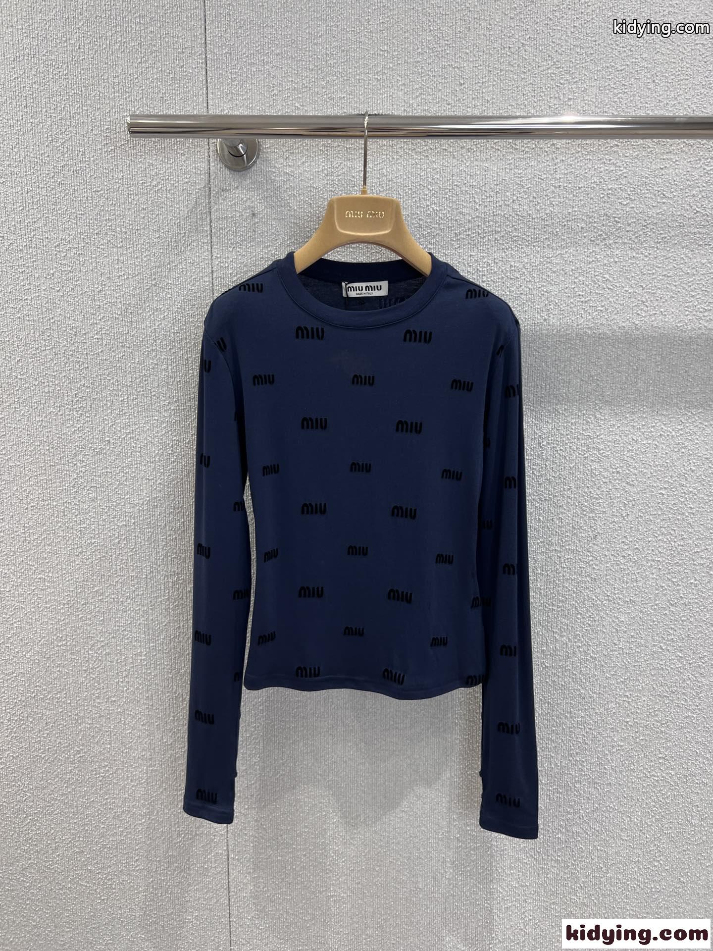 MIU MIU ロゴ総柄 ロングスリーブトップス ミュウミュウ Tシャツ 偽物 ブルー-2