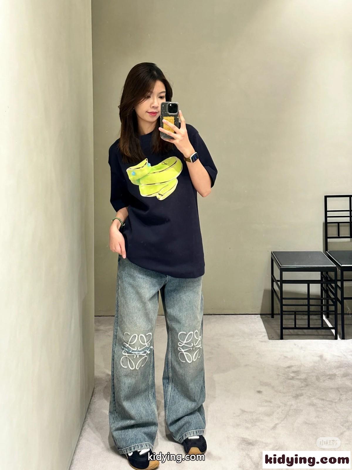 シンプル スネークプリント クルーネック 半袖Tシャツ ロエベ Tシャツ コピー ネイビー-4