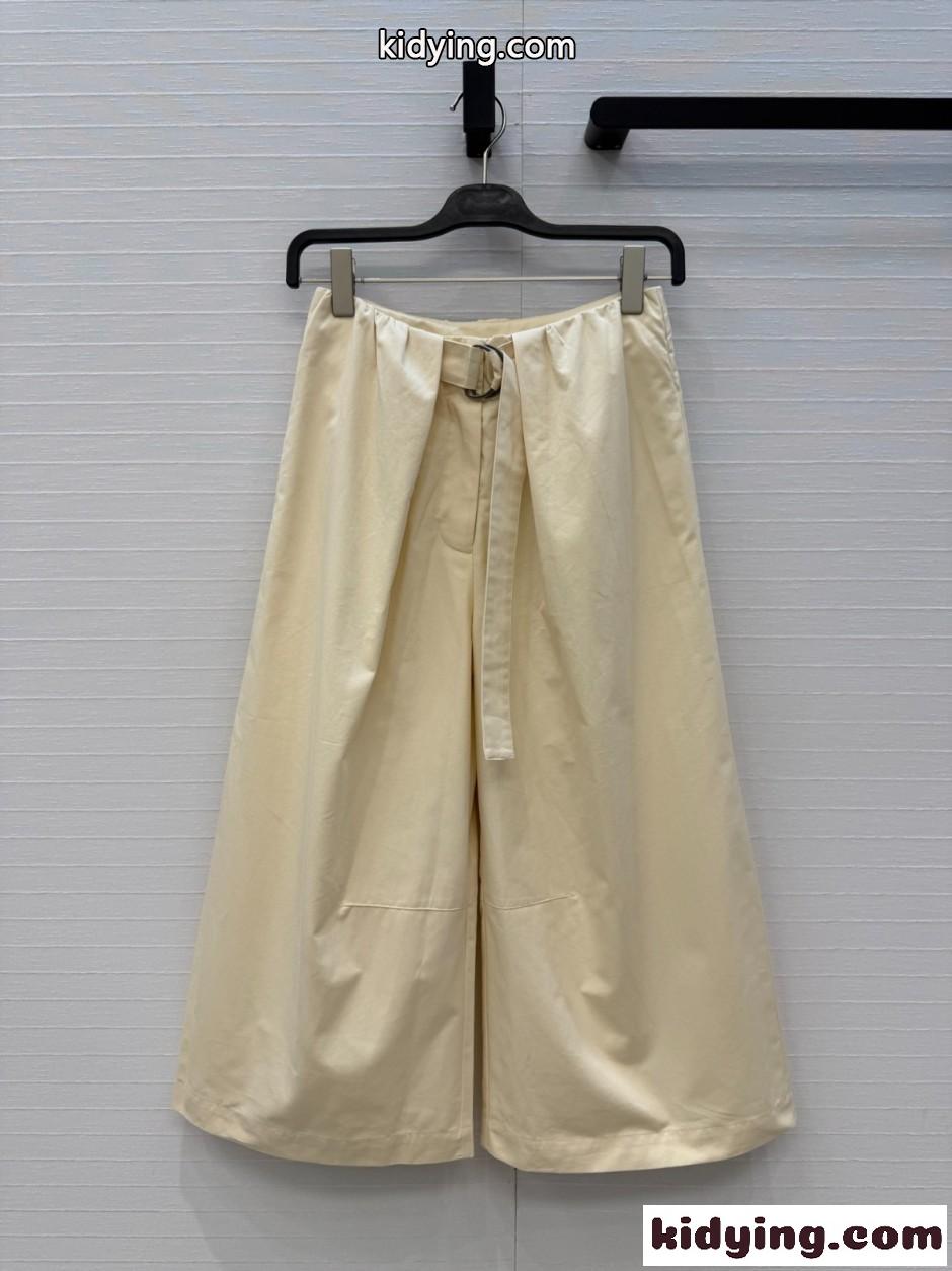ロエベ パンツ 偽物 ベルト付き ワイドキュロットパンツ アイボリー-0