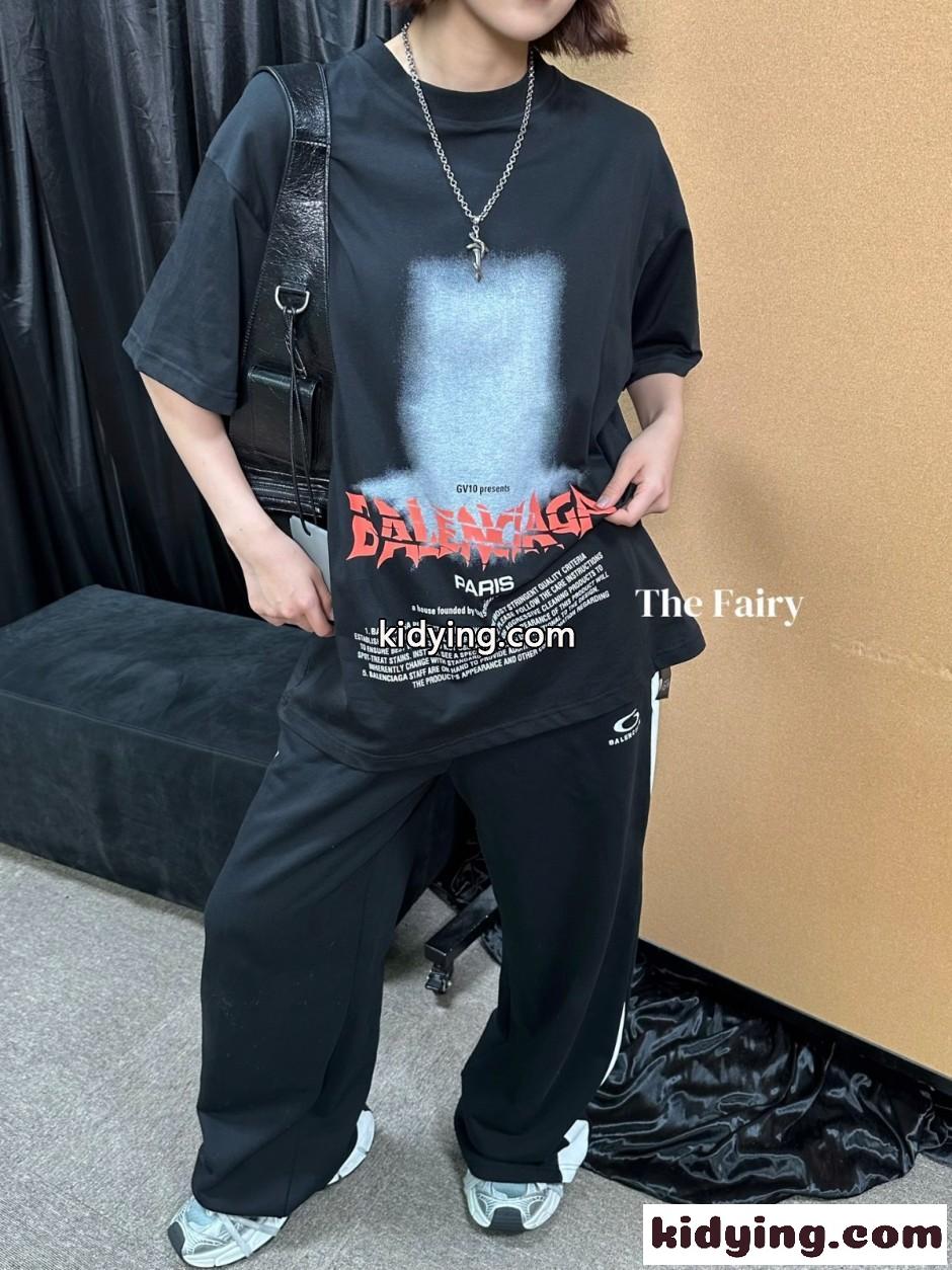 ユニセックス プリント 半袖Tシャツ バレンシアガ Tシャツ 偽物 ブラック-4