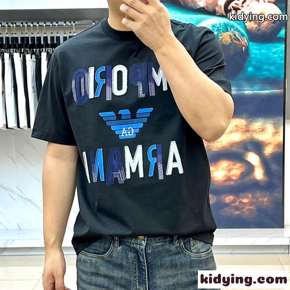 カジュアル コットン 半袖Tシャツ アルマーニ Tシャツ コピー クルーネック ブラック-1