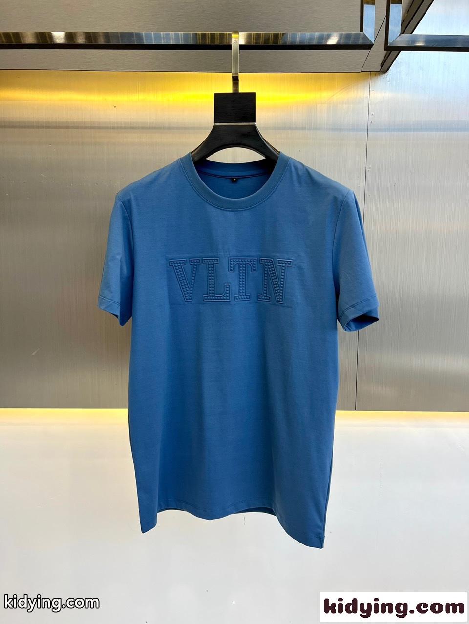 シンプル VLTN クルーネック コットン 半袖Tシャツ ヴァレンティノ Tシャツ コピー ブルー-0