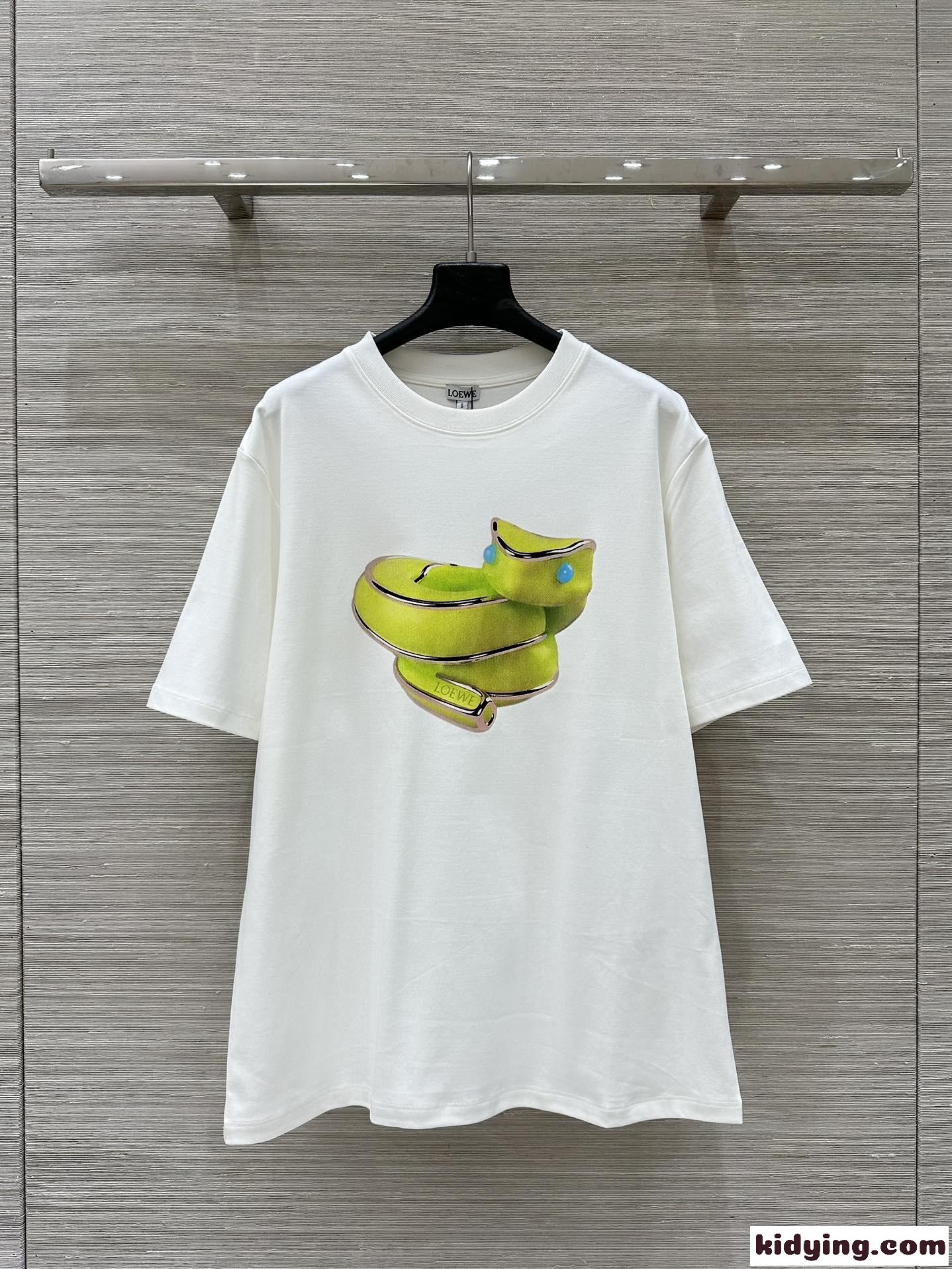 シンプル スネークプリント クルーネック半袖Tシャツ ロエベ Tシャツ コピー ホワイト-2