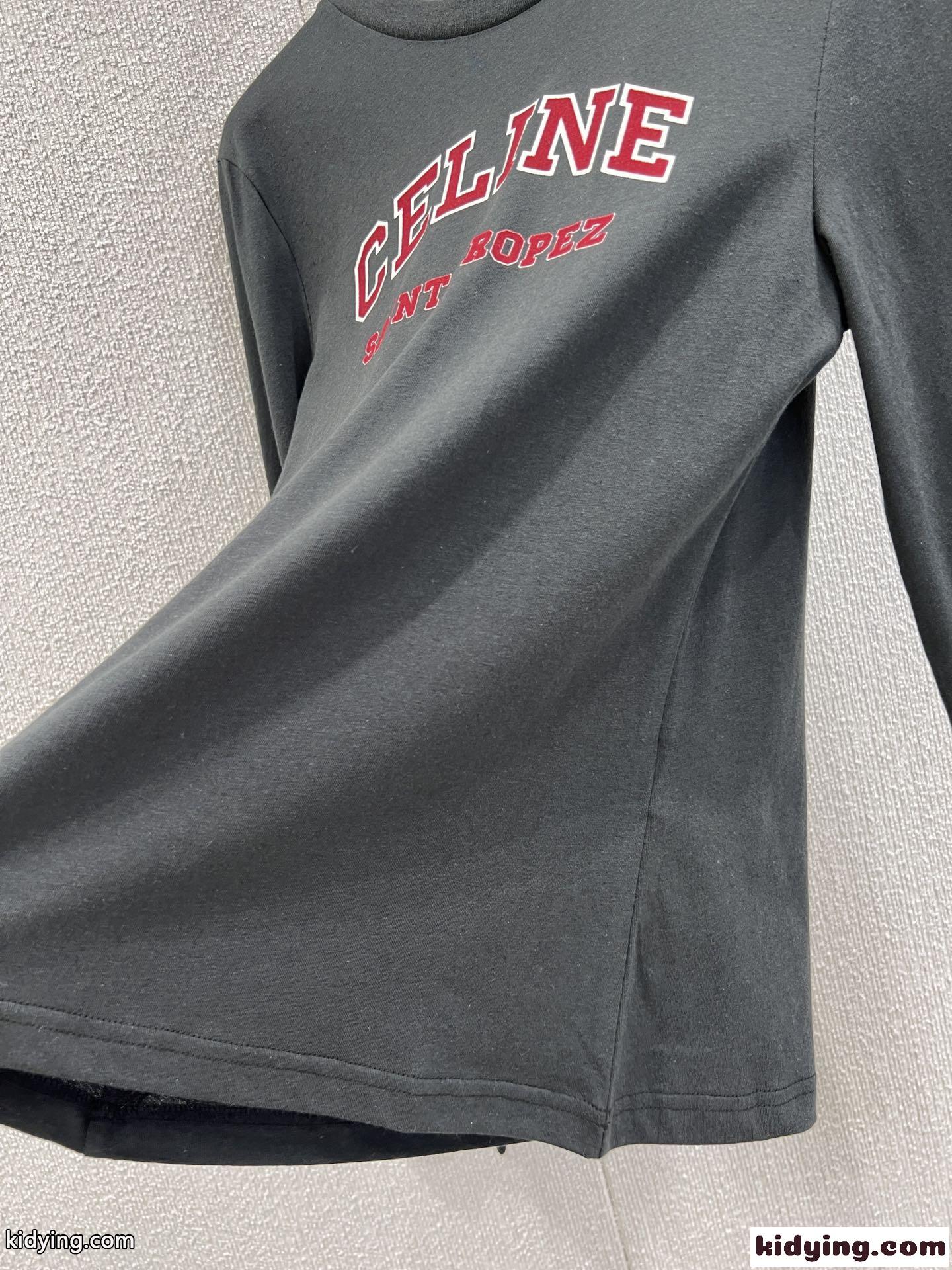 ベーシック カレッジロゴ 長袖Tシャツ セリーヌ Tシャツ 偽物 コットン ブラック-4