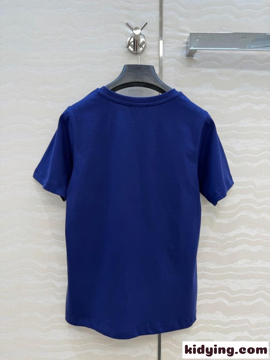 シンプル コットン ロゴ入り 半袖Tシャツ セリーヌ Tシャツ 偽物 ブルー-3