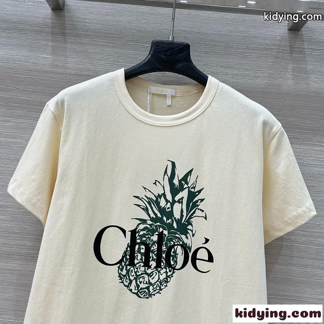 シンプル プリント コットン 半袖Tシャツ クロエ Tシャツコピー クルーネック-0