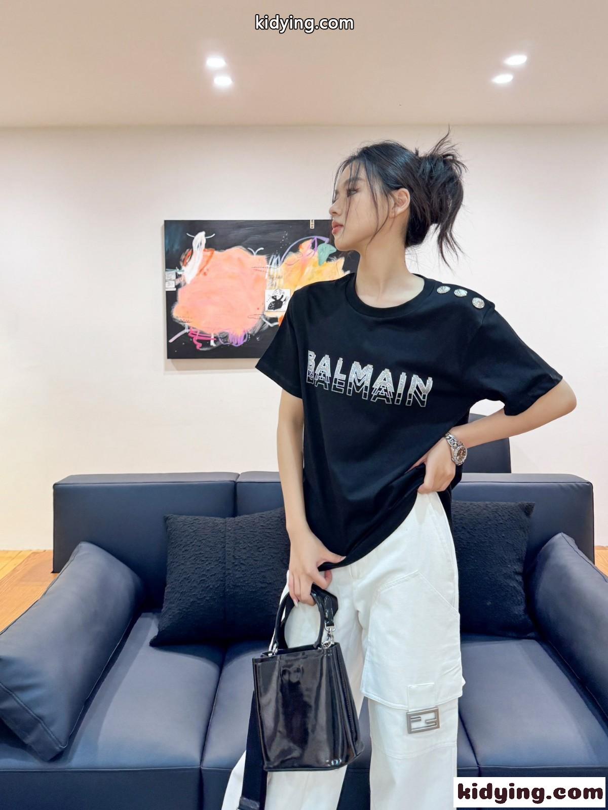 バルマン Tシャツ コピー ラインストーン ロゴ 半袖Tシャツ ブラック-4