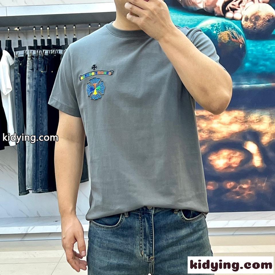 マルチカラー刺繍入り クロムハーツ 半袖Tシャツ コピー クルーネック グレー-2