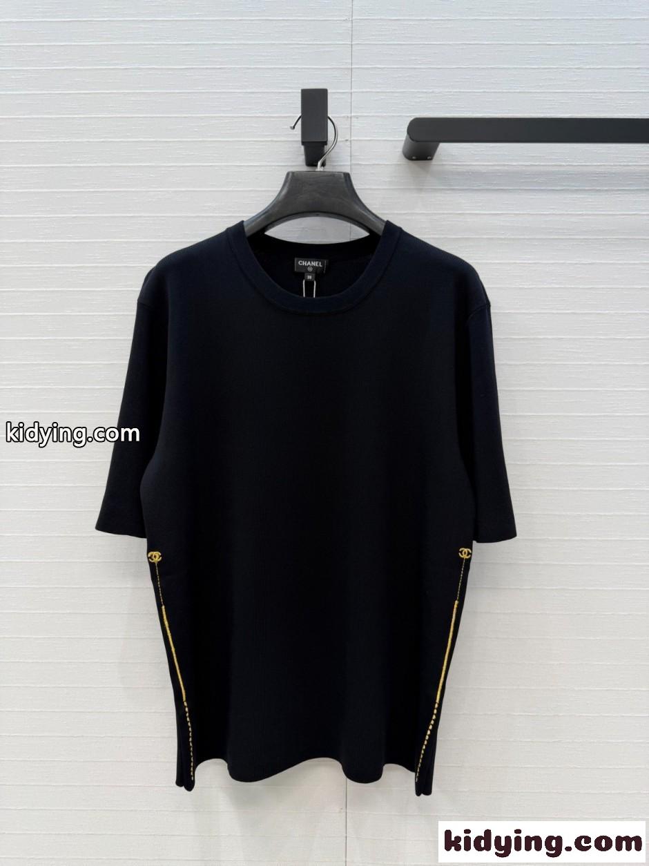 シルクブレンド クルーネック ハーフスリーブニット シャネル Tシャツ コピー ブラック-0