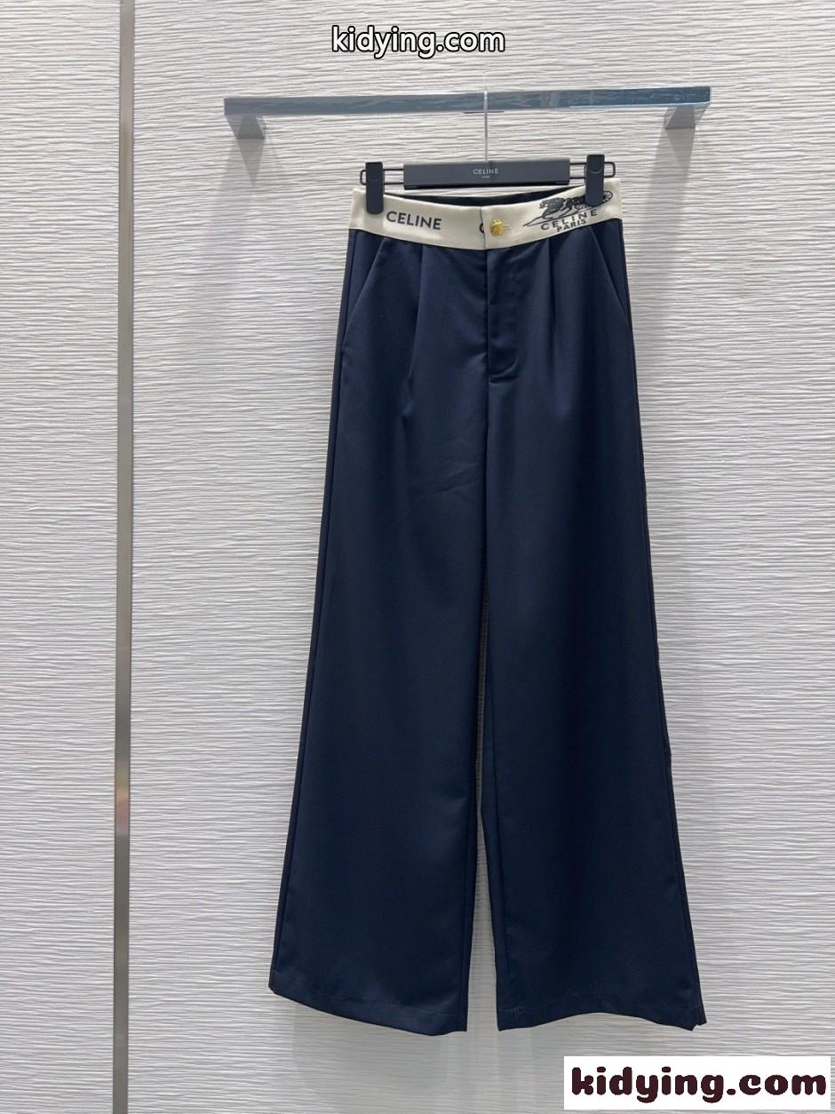 セリーヌ パンツ 偽物 おしゃれ ロゴウエスト ワイドパンツ ネイビー-1