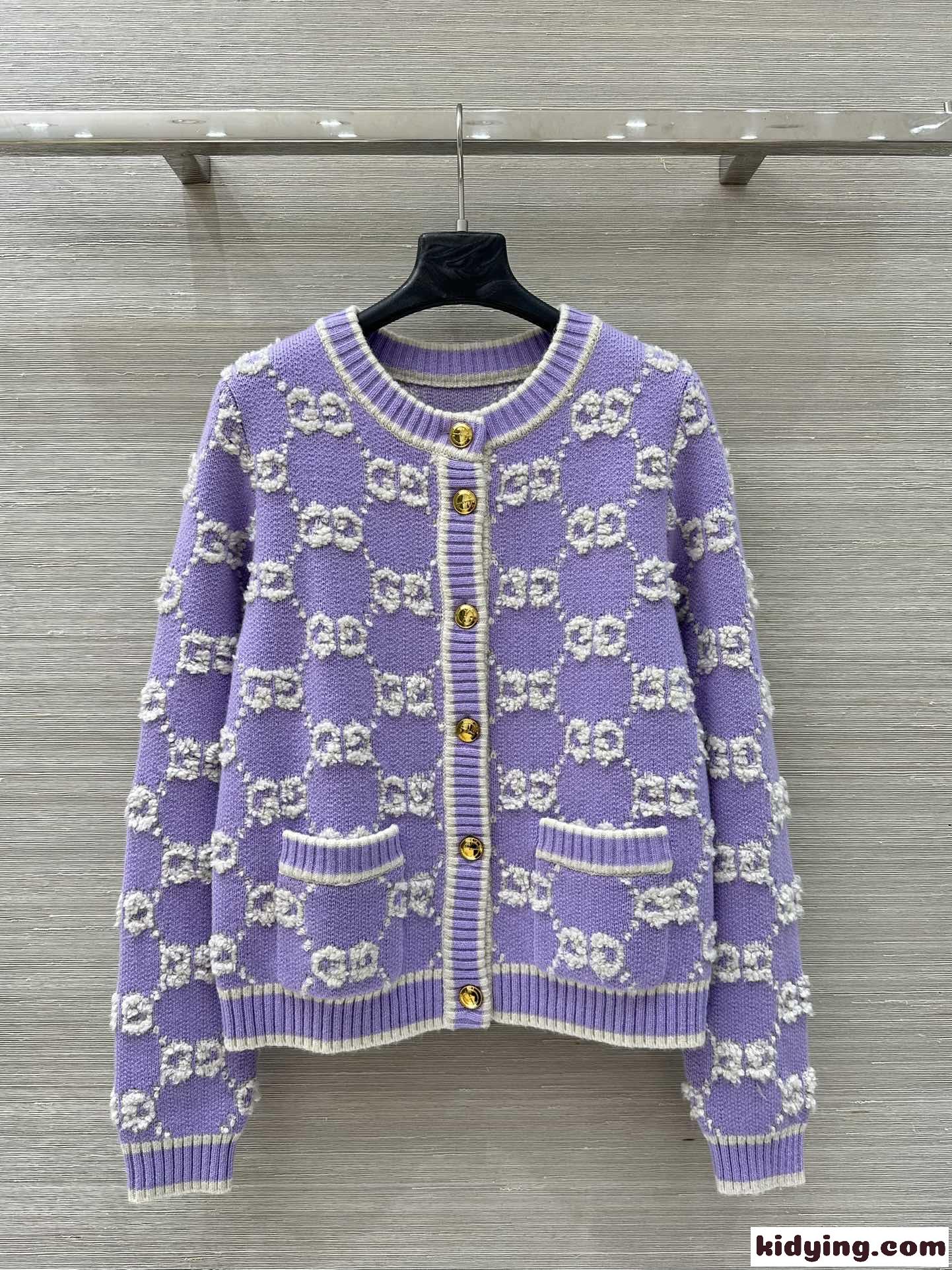 GG ウール カーディガン グッチ ニット 偽物 クルーネック パープル-2