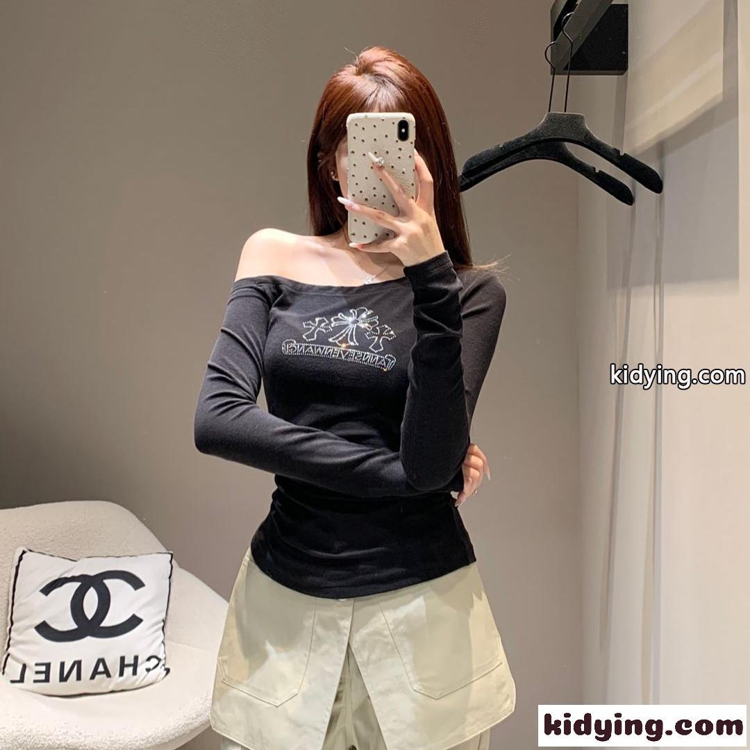 ラインストーンロゴ オフショルダー 長袖Tシャツ クロムハーツ Tシャツ コピー ブラック-0