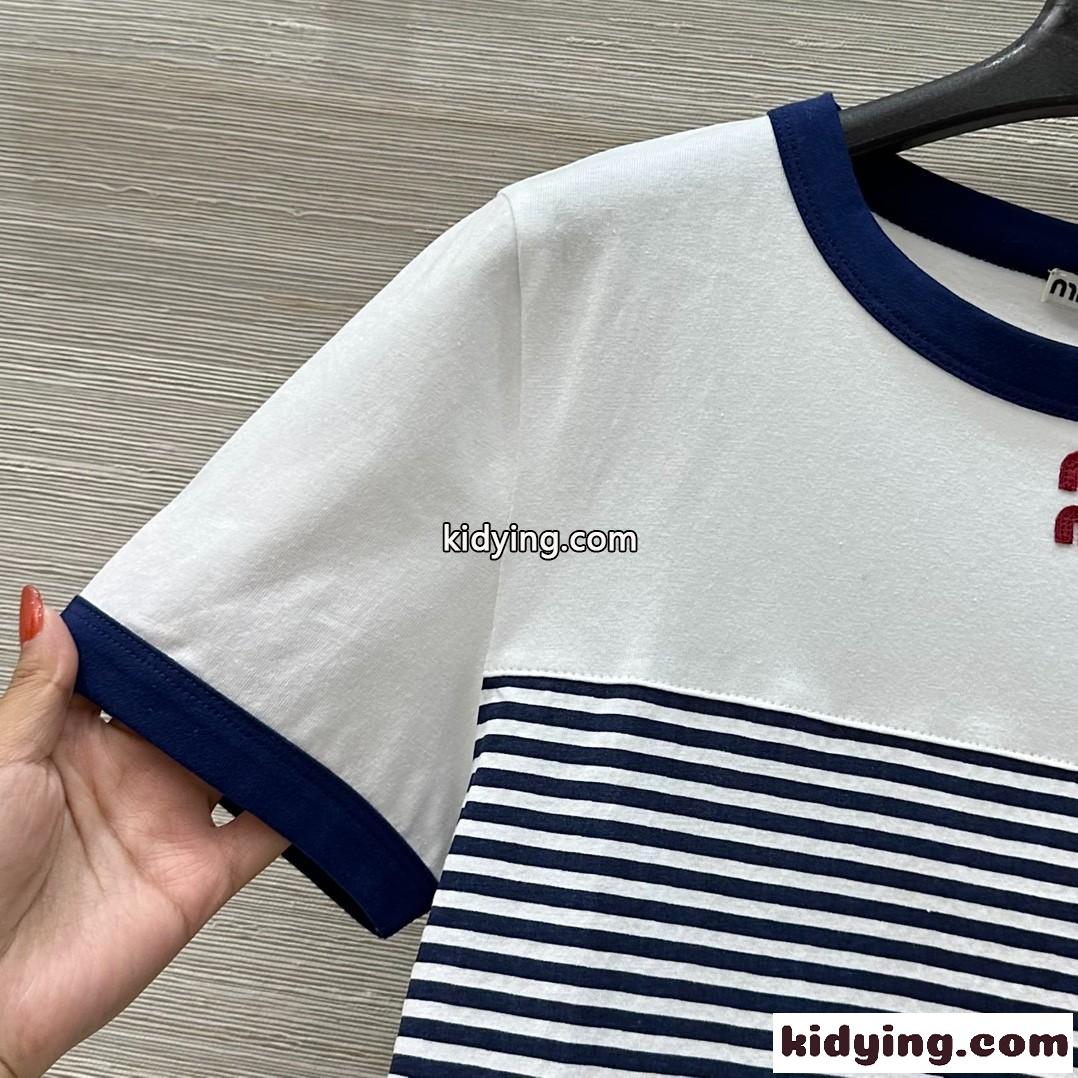 スタイリッシュ クルーネック 半袖Tシャツ ミュウミュウ Tシャツ コピー ネイビー-2