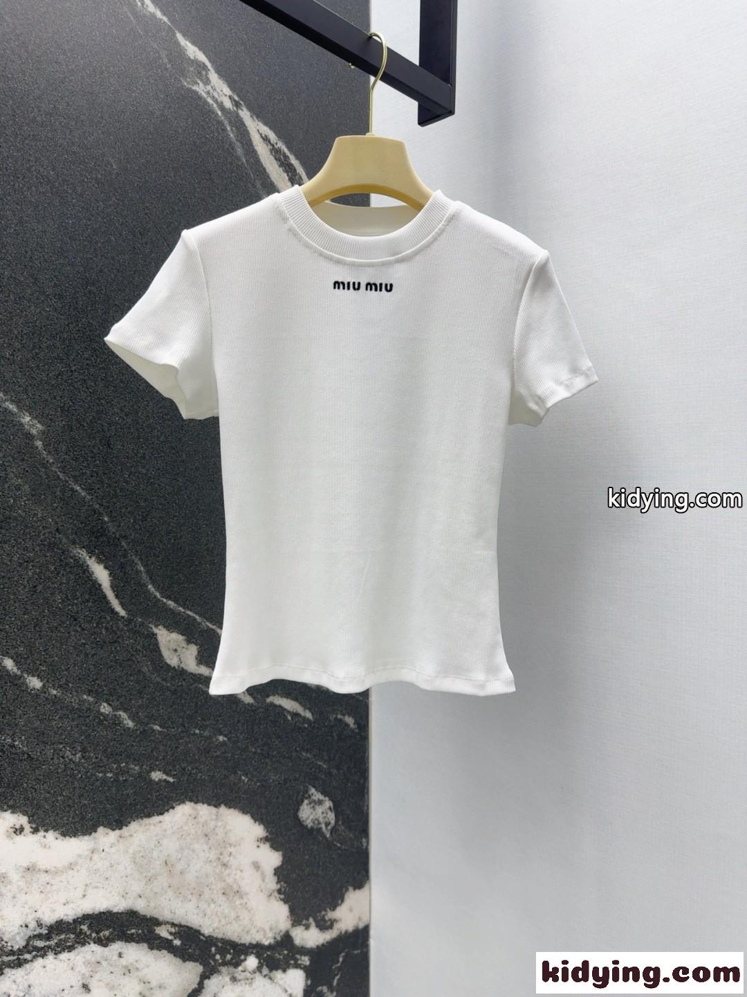 シンプル ロゴ刺繍 ミュウミュウ Tシャツ コピー 半袖トップス ホワイト-2
