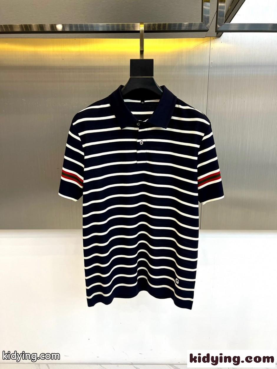爽やか ボーダー柄 ポロシャツ グッチ Tシャツ 偽物 半袖 ネイビー-2