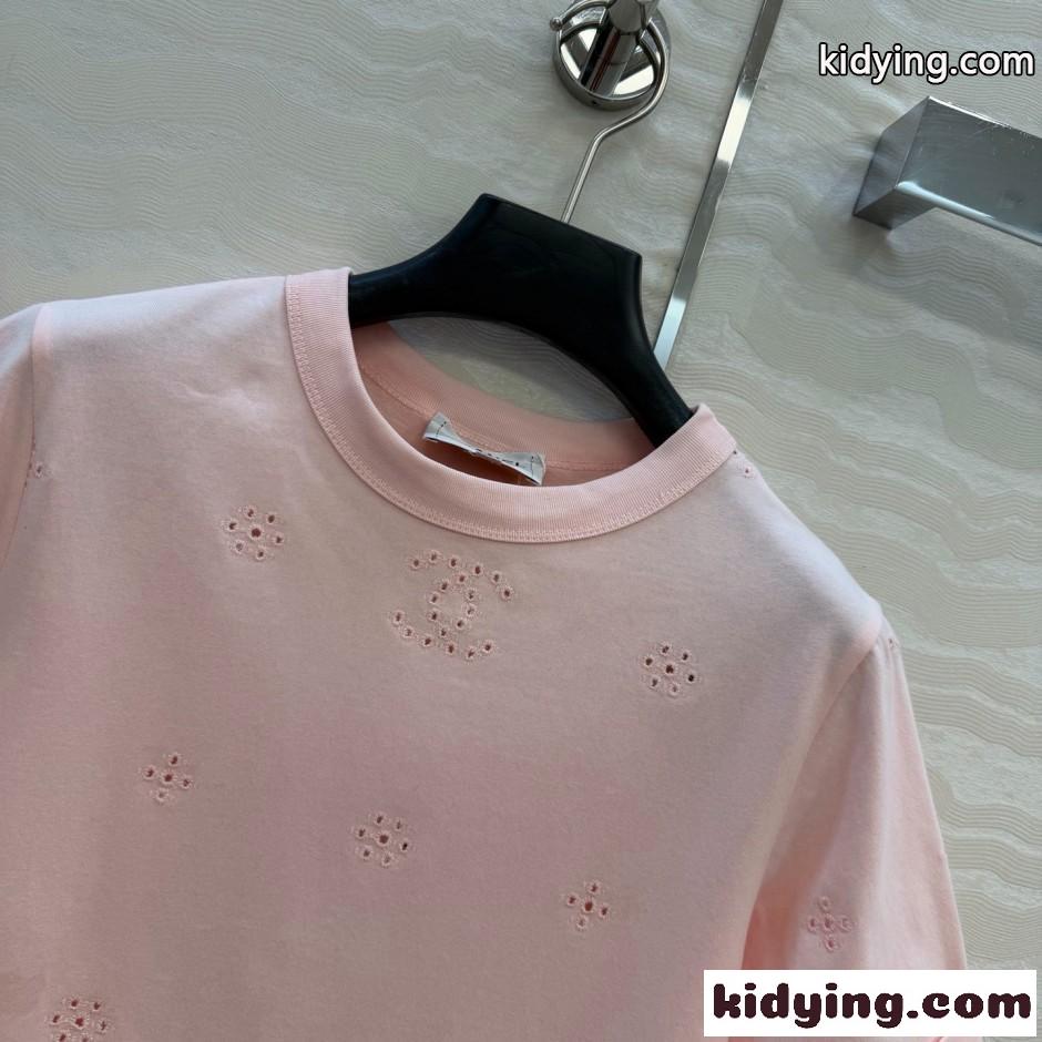 シンプル アイレット刺繍 コットンTシャツ シャネル Tシャツ コピー ピンク-2