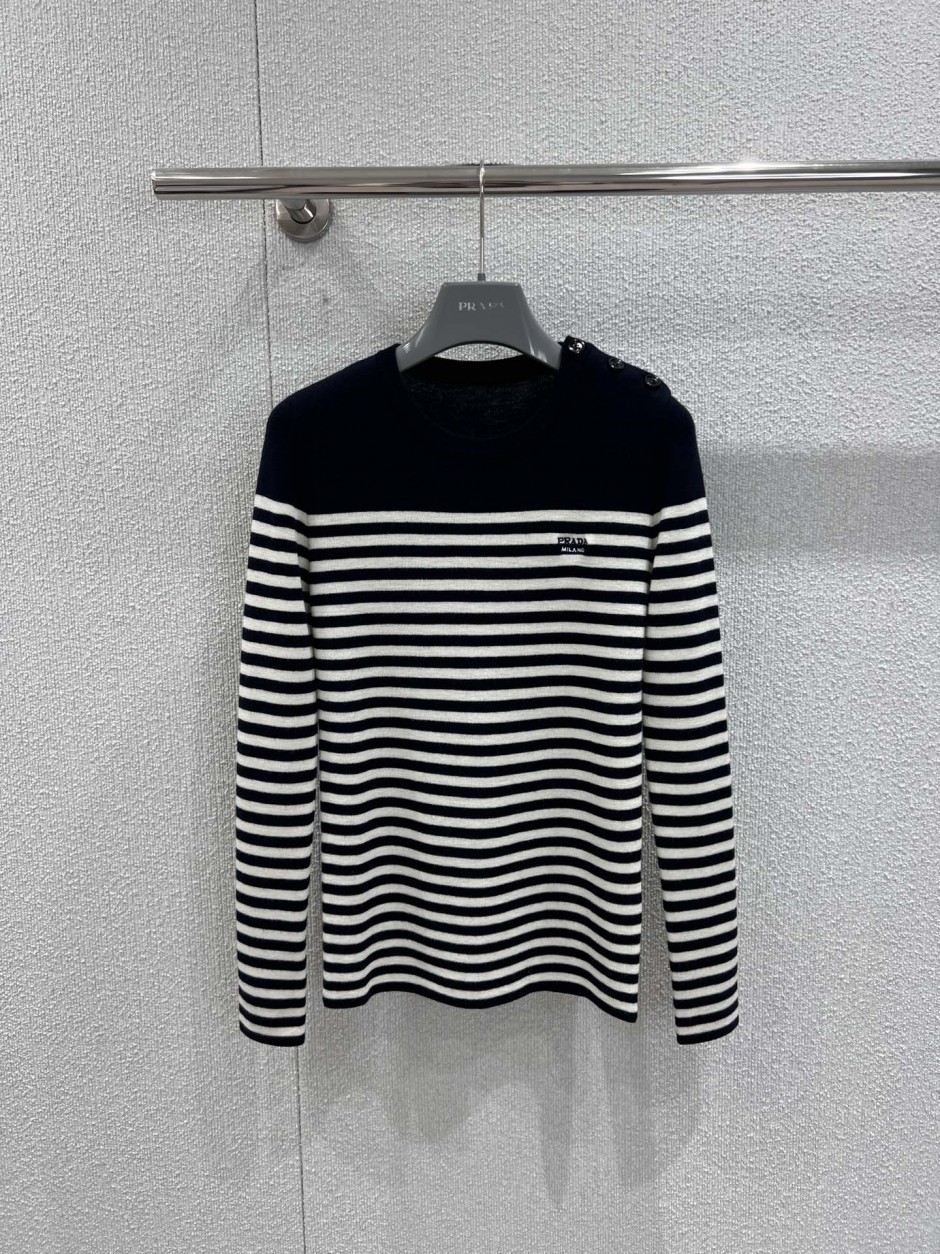 定番 カジュアル ロゴ刺繍ボーダーニット プラダ セーター 偽物 ウール-0