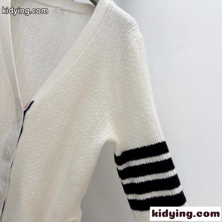 4BAR クロップド丈 トムブラウン ニット 偽物 Vネック カーディガン ベージュ-2