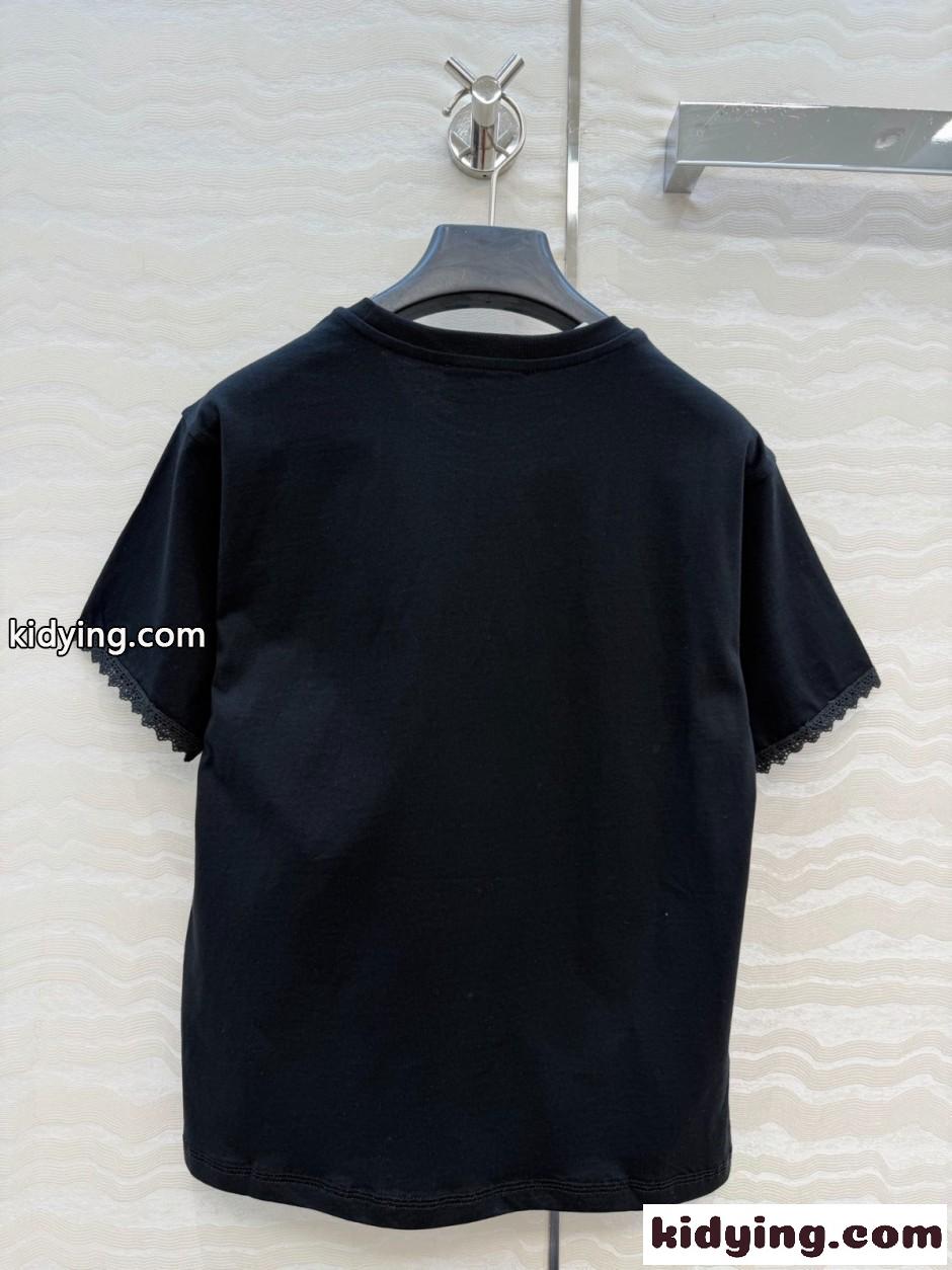 刺繍入り コットン 半袖Tシャツ エルメス Tシャツ コピー クルーネック ブラック-4