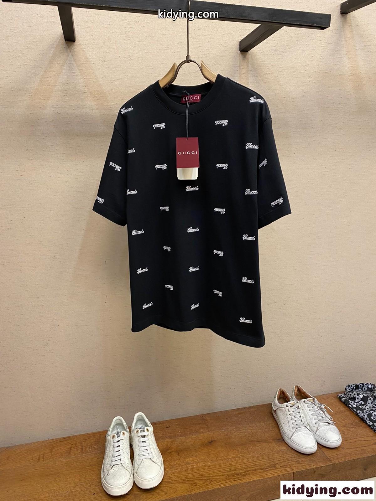 エンブロイダリー付き コットン 半袖Tシャツ グッチ Tシャツ コピー ブラック-1