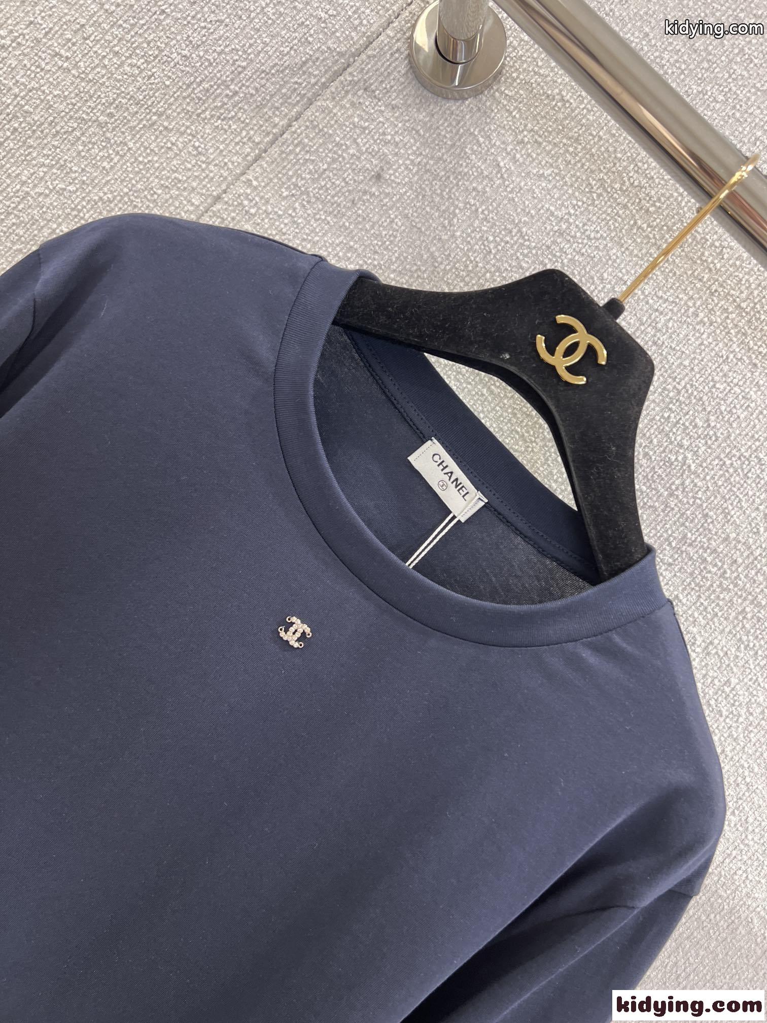 カジュアル 定番 CCロゴ コットン 長袖Tシャツ シャネル Tシャツ コピー ネイビー-1