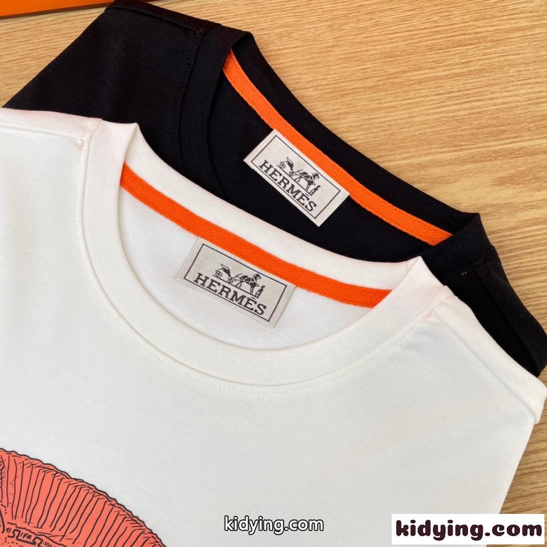 カジュアル プリント エルメス 半袖tシャツ コピー 夏 定番 着回し コットン 柔らかい 快適 トップス-0