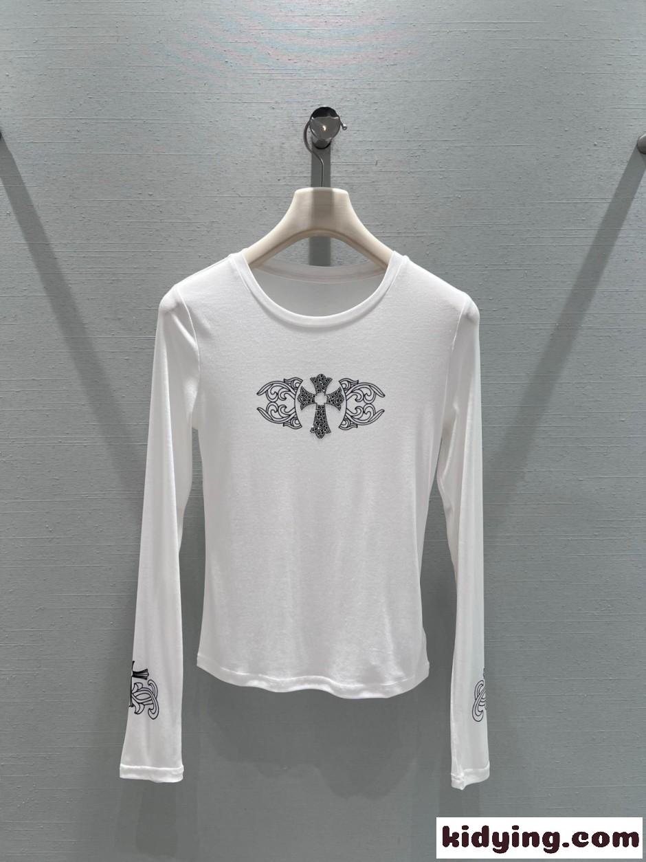 シンプル スタイリッシュ クルーネック 長袖Tシャツ クロムハーツ Tシャツ 偽物 ホワイト-0