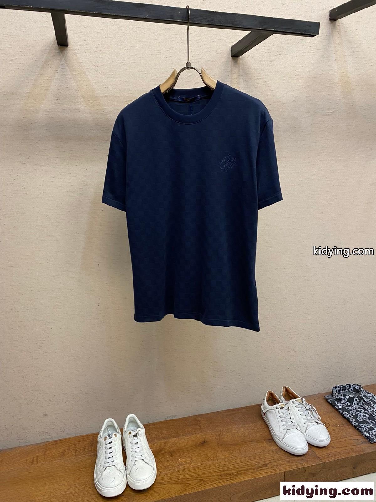 ダミエ クルーネック Tシャツ ルイ・ヴィトン 半袖Tシャツ コピー ブルー-0