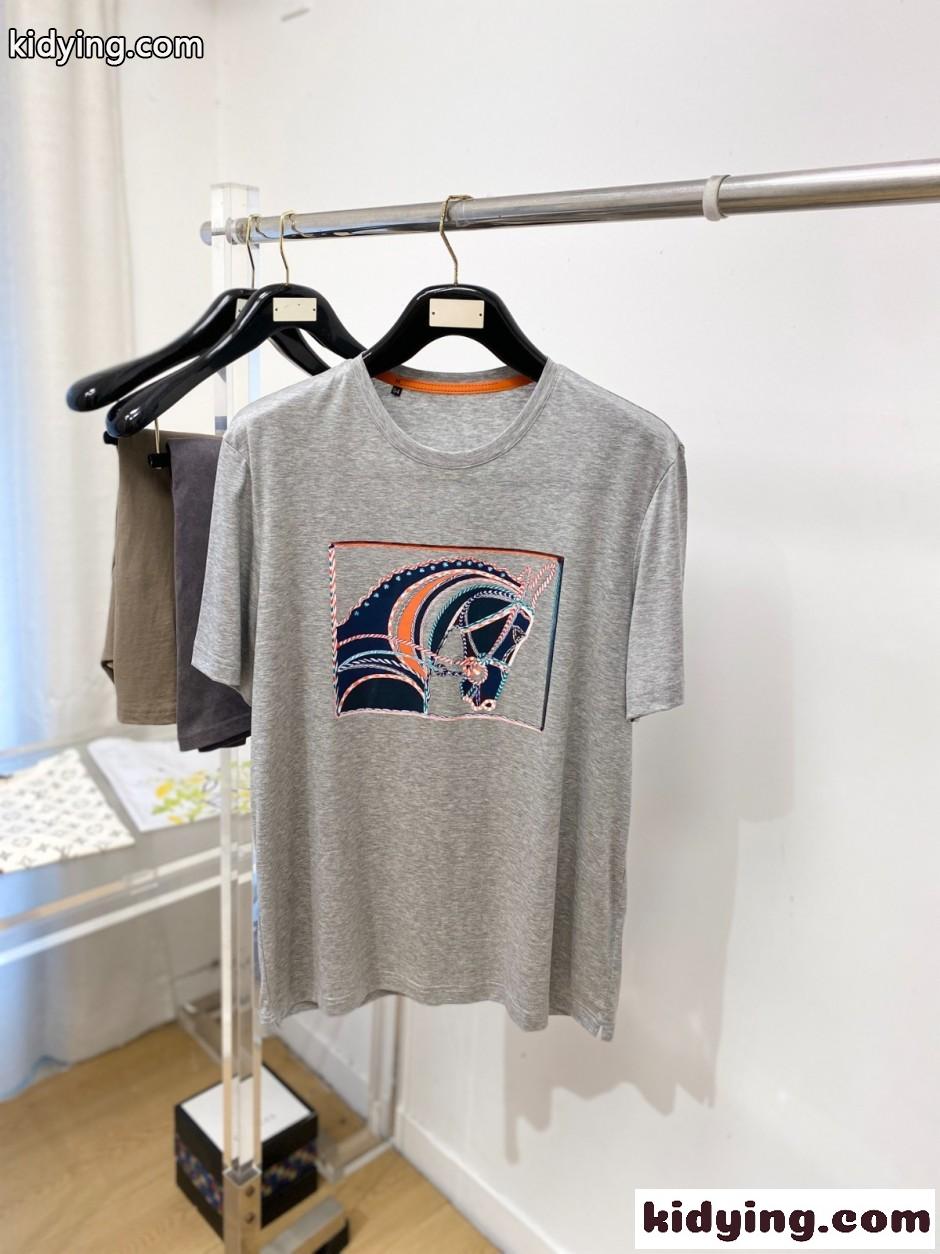お洒落 プリント 半袖Tシャツ エルメス Tシャツ 偽物 クルーネック グレー-0