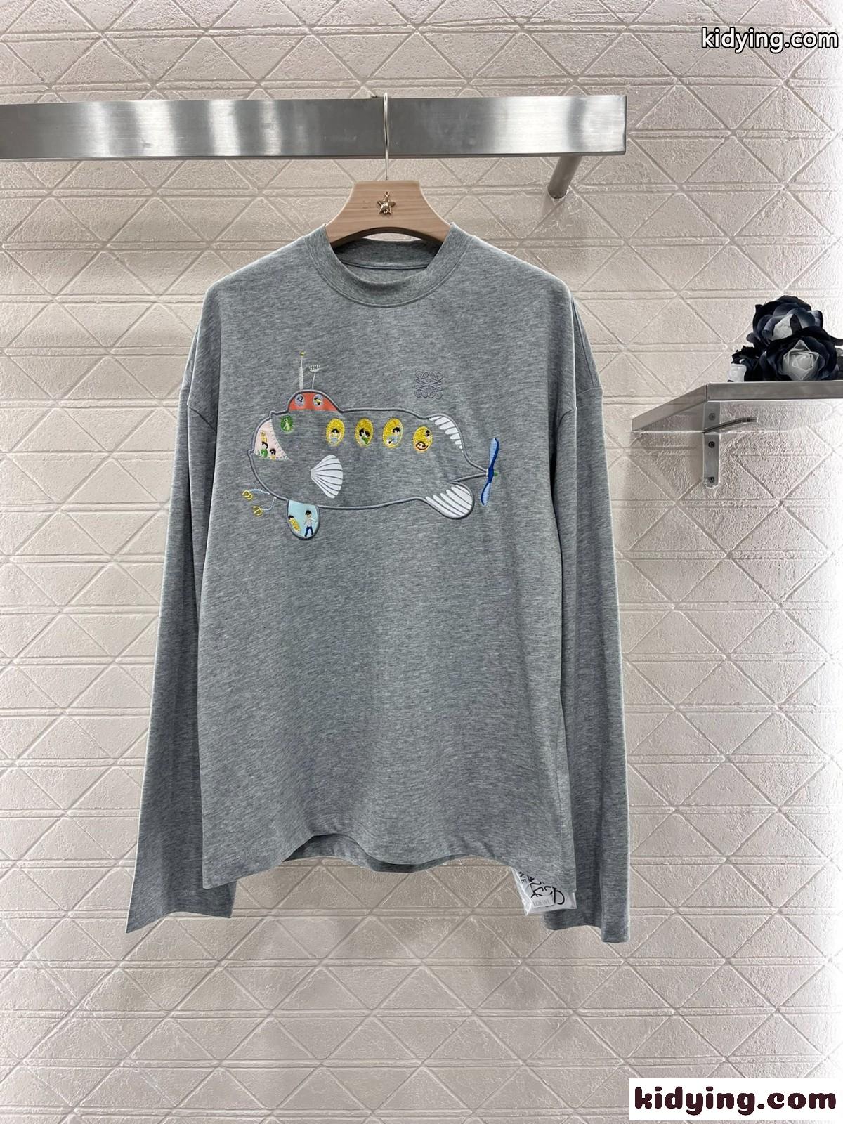 カジュアル 可愛い コットン 長袖Tシャツ ロエベ Tシャツ コピー グレー-1