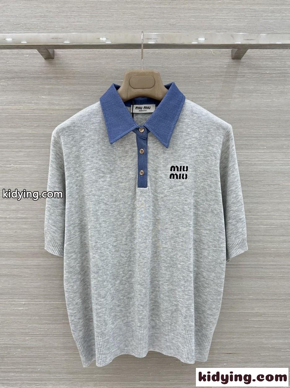 配色 切り替え ポロシャツ ミュウミュウ Tシャツ コピー グレー-0