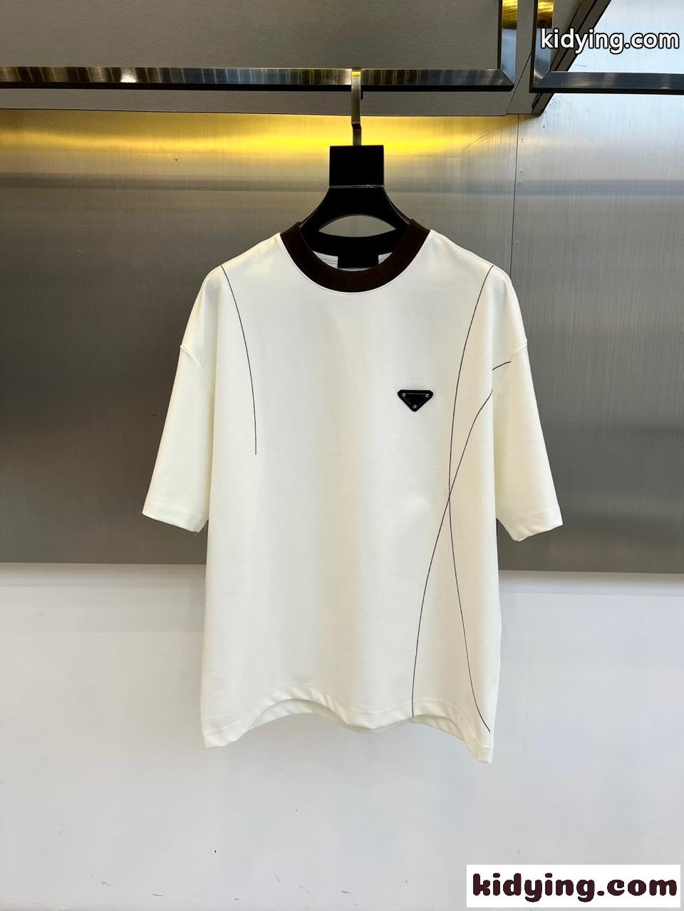カジュアル リラックス クルーネック プラダ Tシャツ 偽物 コットン ホワイト-1