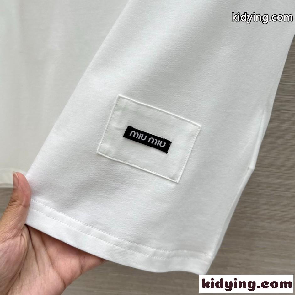 シンプル ロゴ入り コットン ミュウミュウ Tシャツ コピー ホワイト-0