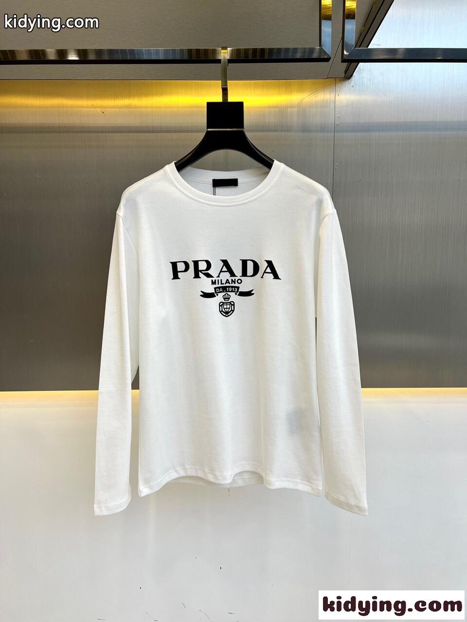 シンプル ロゴ 合わせやすい クルーネック 長袖Tシャツ プラダ Tシャツ コピー-0