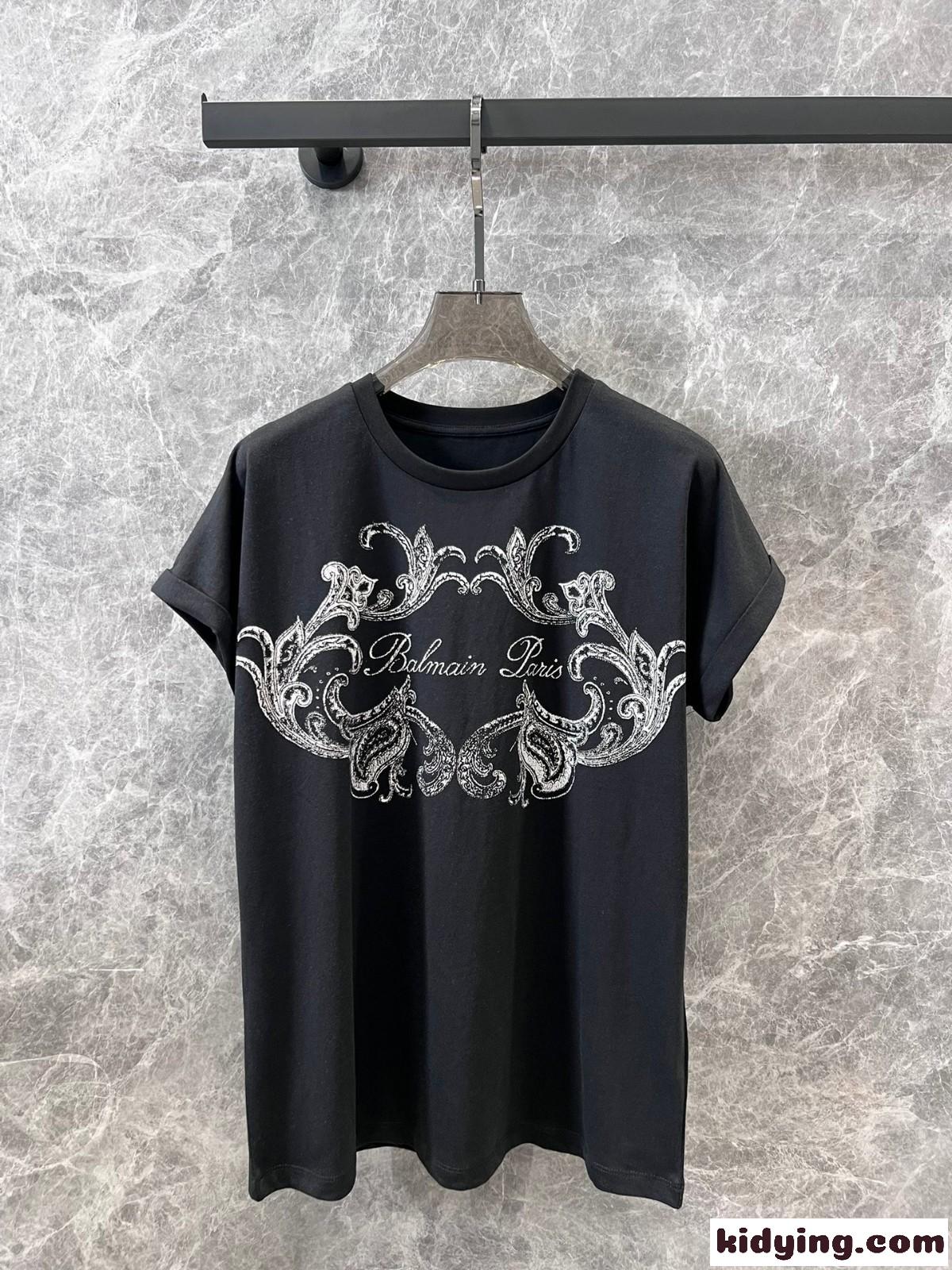 Balmain シグネチャー ペイズリー Tシャツ バルマン 半袖Tシャツ コピー レディース グレー-2