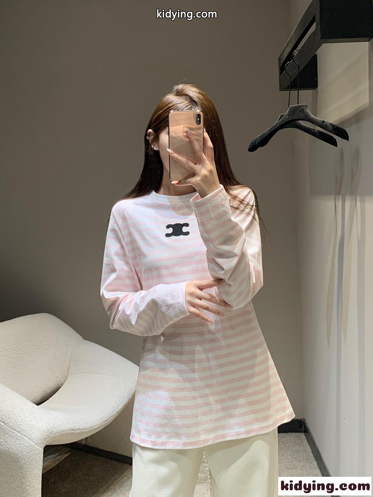 セリーヌ Tシャツ 偽物 コットン カジュアル ボーダー 長袖Tシャツ-4